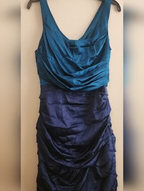 Express Teal and Navy One-Shoulder Draped Cocktail Dress